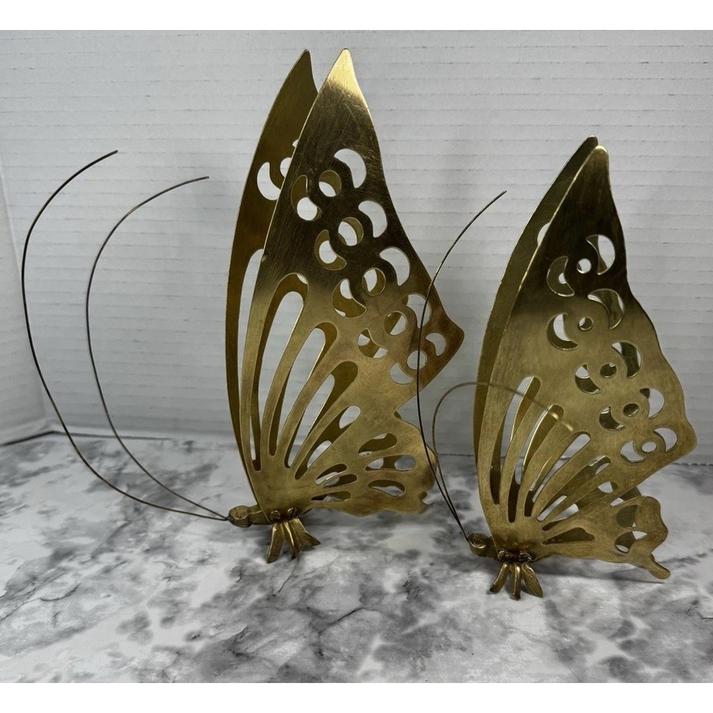 Vintage MCM Brass Butterflies Set of 2 Standing and Retro Wall Decor 7" and 8"